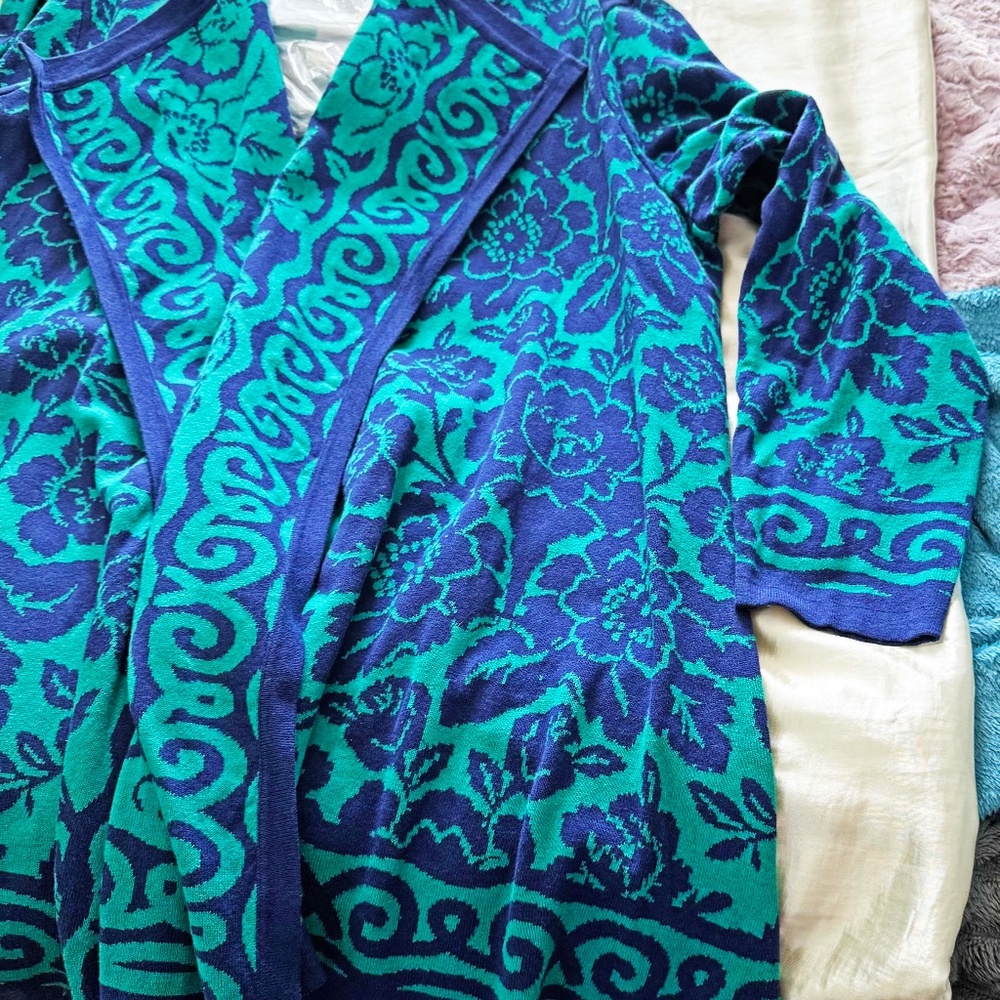 BLANKET SWEATER, THICK COTTON BLEND, ROYAL BLUE/TEAL, SIZE 3X, GRAPHIC FLORAL,